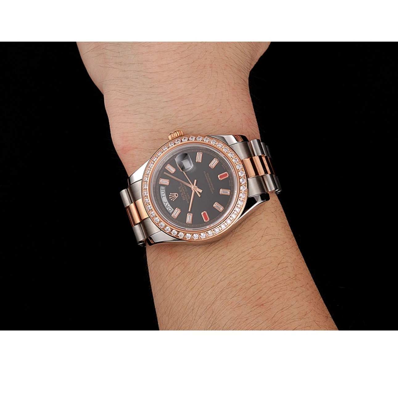 Good copy rolex watches Black Bracelet Swiss And And Diamonds Day-Date Rose Rubies Steel Gold Rolex 1454106 Staineless Dial 0803